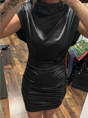 Black Satin Draped Mini Dress with Ruched Skirt